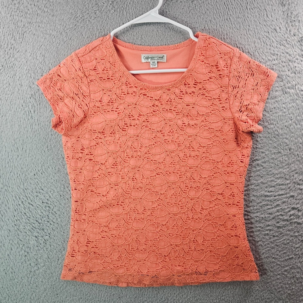Coldwater Creek Lace Overlay Top Women XS Short Sleeve Stretch Orange